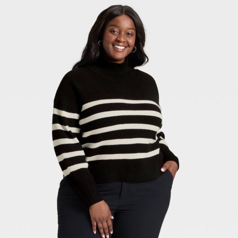 A New Day Women's Large Black Cream Striped Mock Neck Pullover Sweater New